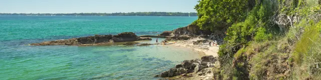 Foto von einer felsigen Küste im Vordergrund mit klarem türkisgrünem Wasser, einem kleinen Strand in der Mitte und rechts einer mit Gras und Bäumen bewachsenen Klippe unter einem blauen Himmel.