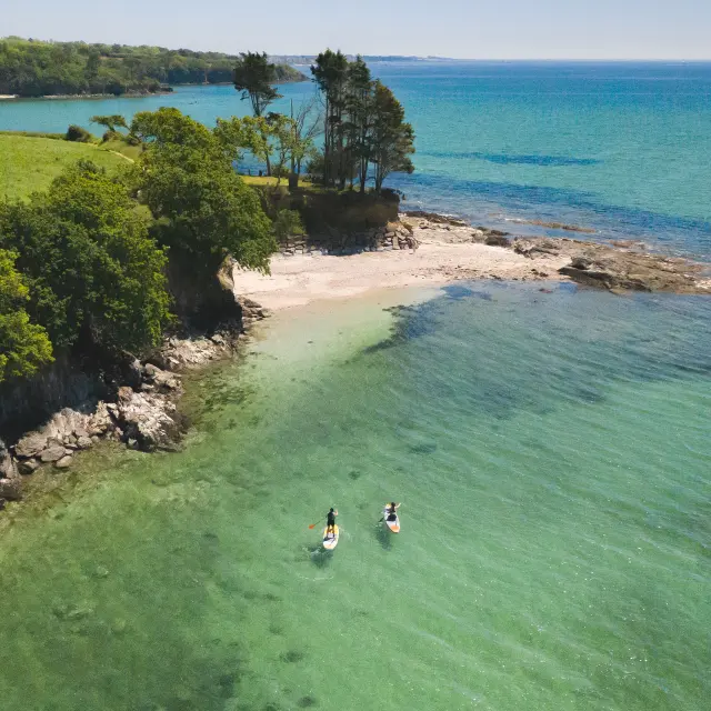 Photo showing an aerial view of a coastline: deep blue turquoise water, small clear beach and rocks, with an overhang of green land and trees. Two people are on the water in kayaks and paddleboards near the bottom centre of the image. The sky is clear.