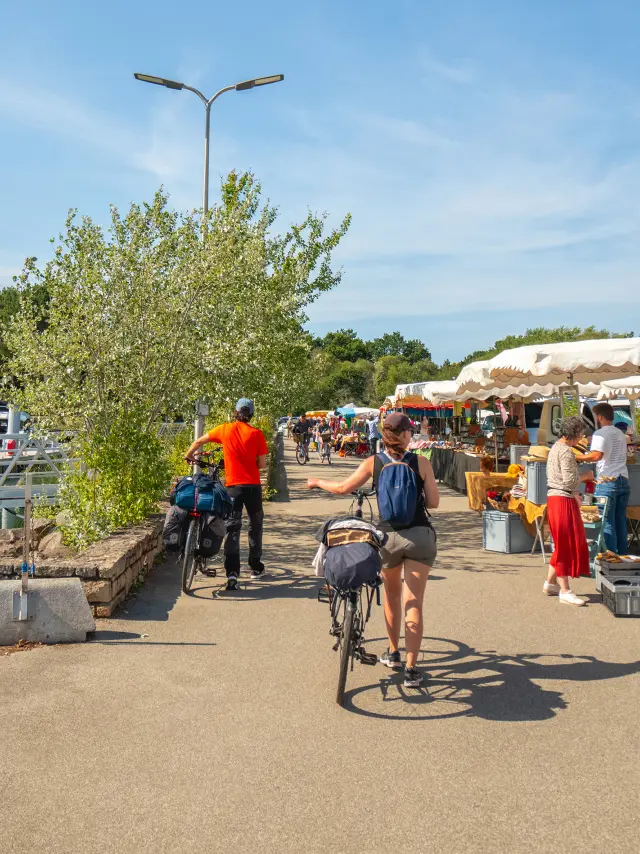 Une photo qui représente un marché en plein air le long d’un port, avec stands sous tentes blanches à droite, des personnes qui marchent, une personne à vélo au centre, et des bateaux/mâts à gauche près de l’eau, sous un ciel bleu.