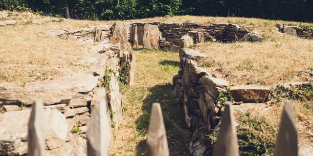 The photo shows an open-air stone site: a circle or semi-circle of low drystone walls and several standing stones, on an area of yellow/brown grass, with a hedge of green shrubs in the background.