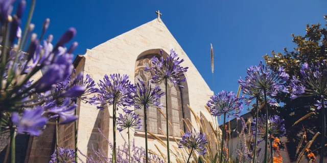 Buitenaanzicht van de kerk Notre Dame Izel Vor met glas-in-loodramen en mauve agapanthes