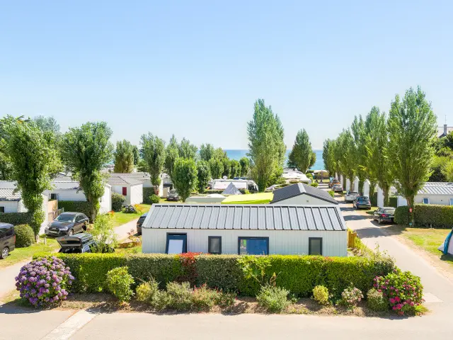 A photo of a campsite showing mobile homes lined up along driveways, parked cars, hedges and flowerbeds, tall trees and the sea visible in the distance under a blue sky.
