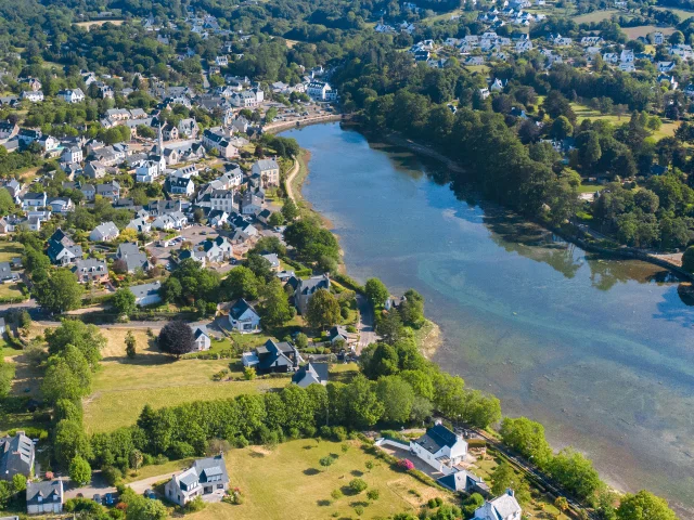 Aerial view of La Forêt cove and the town of La Forêt-Fouesnant