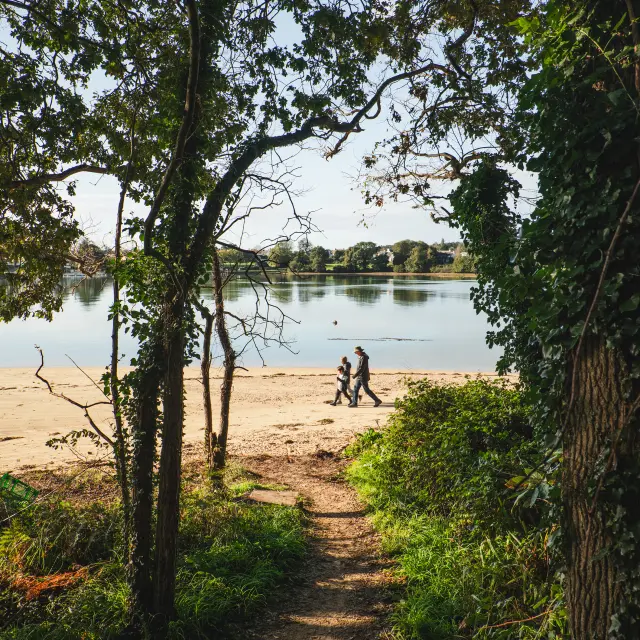 Une photo verticale qui montre un petit chemin de terre ombragé entre des arbres menant à une plage de sable, avec la mer calme au fond; trois personnes marchent sur le sable près de l’eau.