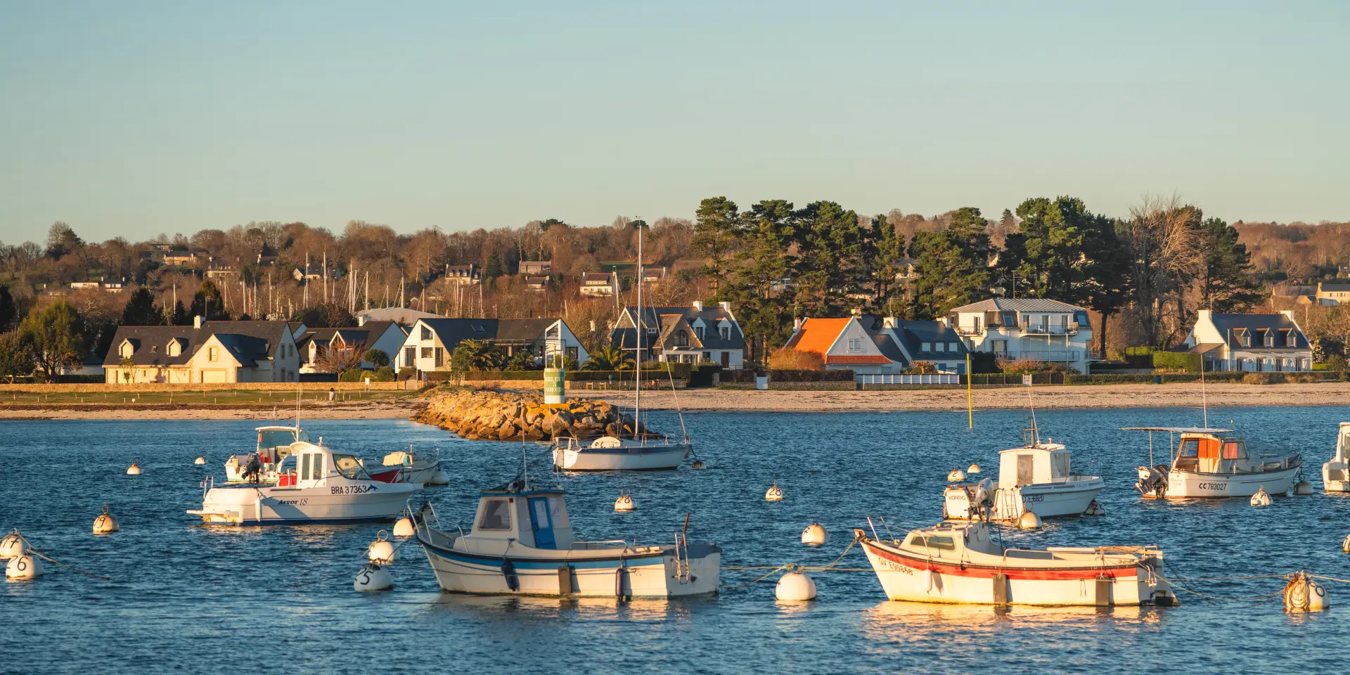 Une photo de bateaux au mouillage qui montre une étendue d’eau avec plusieurs petits bateaux (principalement des bateaux à moteur et un voilier) amarrés sur des bouées blanches, et au fond une rive avec des maisons et des arbres sous un ciel clair.