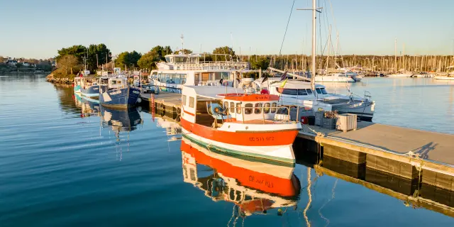 Une photo de port qui montre plusieurs bateaux amarrés dans un port calme, avec reflets dans l’eau; un bateau de pêche rouge et blanc au premier plan amarré au ponton, et de nombreux mâts de voiliers en arrière-plan sous un ciel bleu.