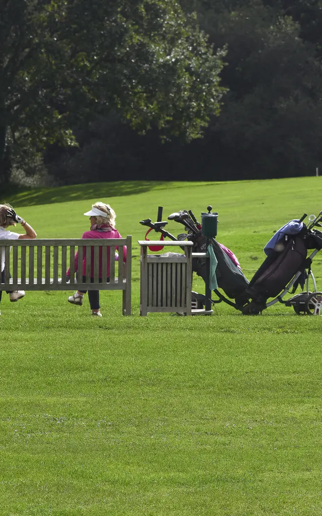 A shot of a large green golf course, with two people sitting on a bench in the middle, and 2 golf bags lying next to them. Dark trees form the background at the top of the image.