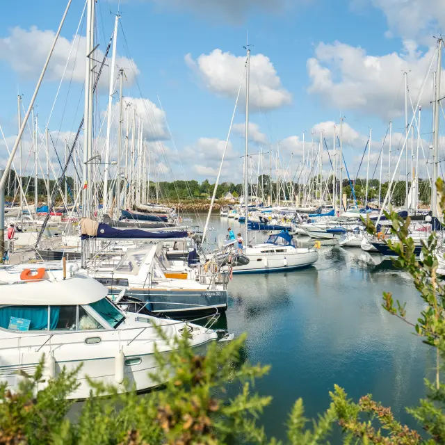 une photo au centre-gauche montrant un port rempli de voiliers et de bateaux à moteur, beaucoup de mâts, de l’eau calme, un ciel bleu avec des nuages, et de la végétation verte au premier plan.