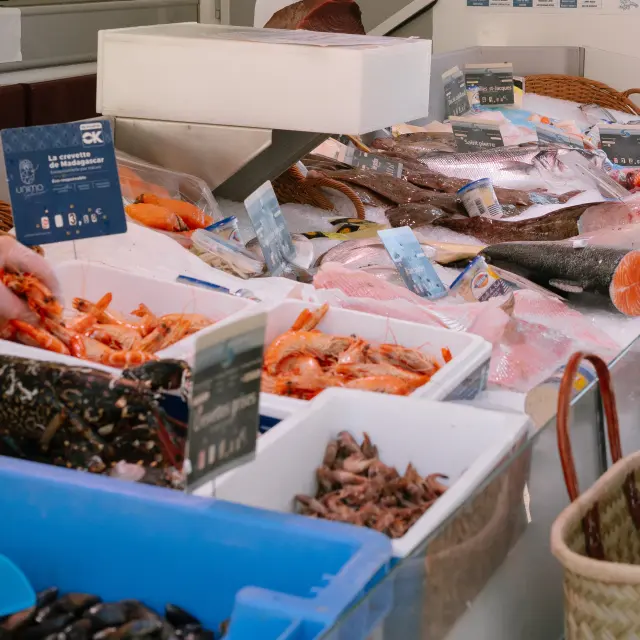 Une photo montrant un étal de poissonnerie: bacs et caisses remplis de poissons et fruits de mer (crevettes, poissons entiers et filets), des étiquettes plantées dans la glace, et des paniers en osier au bord du comptoir. Une partie de bras avec gant apparaît à gauche, en train de manipuler des crevettes.