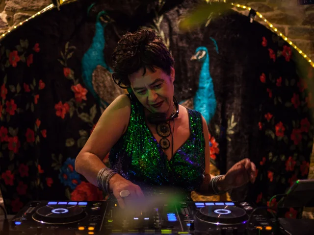 La photo montre une personne en train de mixer sur une table de DJ (deux platines avec anneaux lumineux). La personne porte une robe ou un haut vert scintillant, des bracelets, et un grand collier. L’arrière-plan est une tenture sombre avec des motifs floraux rouges et deux oiseaux de type paon bleus, avec une guirlande lumineuse au-dessus.