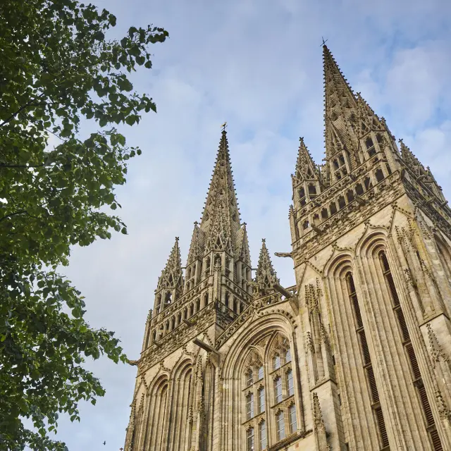 Une photo d’une cathédrale en pierre prise en contre-plongée. Deux flèches gothiques très hautes dominent l’image, avec des arches et des ouvertures verticales; du feuillage d’arbre apparaît à gauche et un ciel bleu nuageux