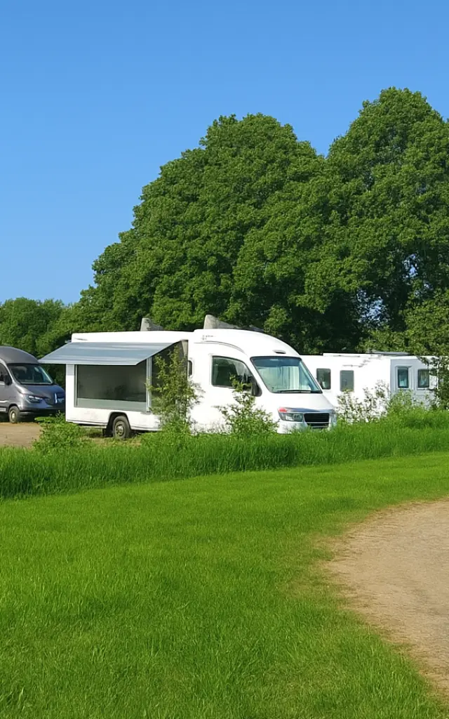 Une photo d’une aire de stationnement en pleine nature. La photo montre une pelouse verte au premier plan, un chemin en terre clair qui part du bas à droite et s’incurve vers le milieu, et plusieurs véhicules de loisirs alignés près d’arbres: un camping-car gris, un camping-car blanc avec store, puis d’autres véhicules blancs derrière. Le ciel est bleu et des arbres feuillus occupent l’arrière-plan.