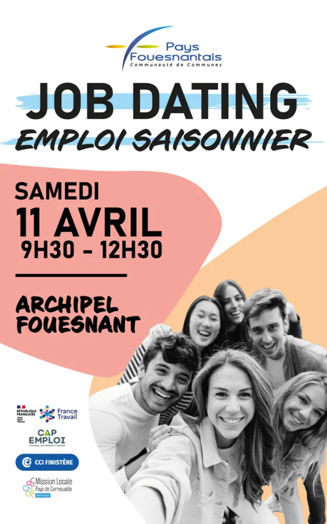 Affiche verticale à gauche et une grande zone blanche vide à droite. L’affiche est entourée d’un damier gris (transparence) et montre un visuel « JOB DATING – EMPLOI SAISONNIER », avec la date « SAMEDI 11 AVRIL » et l’horaire « 9H30 - 12H30 », puis « ARCHIPEL FOUESNANT ». Une photo en noir et blanc d’un groupe de jeunes adultes souriants apparaît en bas de l’affiche.