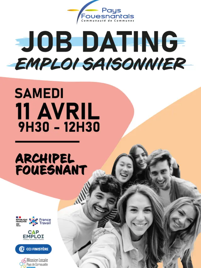 Affiche verticale à gauche et une grande zone blanche vide à droite. L’affiche est entourée d’un damier gris (transparence) et montre un visuel « JOB DATING – EMPLOI SAISONNIER », avec la date « SAMEDI 11 AVRIL » et l’horaire « 9H30 - 12H30 », puis « ARCHIPEL FOUESNANT ». Une photo en noir et blanc d’un groupe de jeunes adultes souriants apparaît en bas de l’affiche.